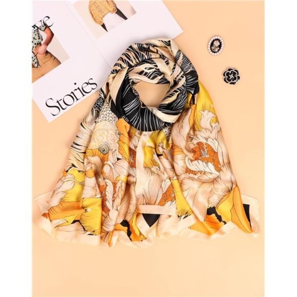 Silk Feeling Long Scarf Yellow Flower - Picture 2 of 7